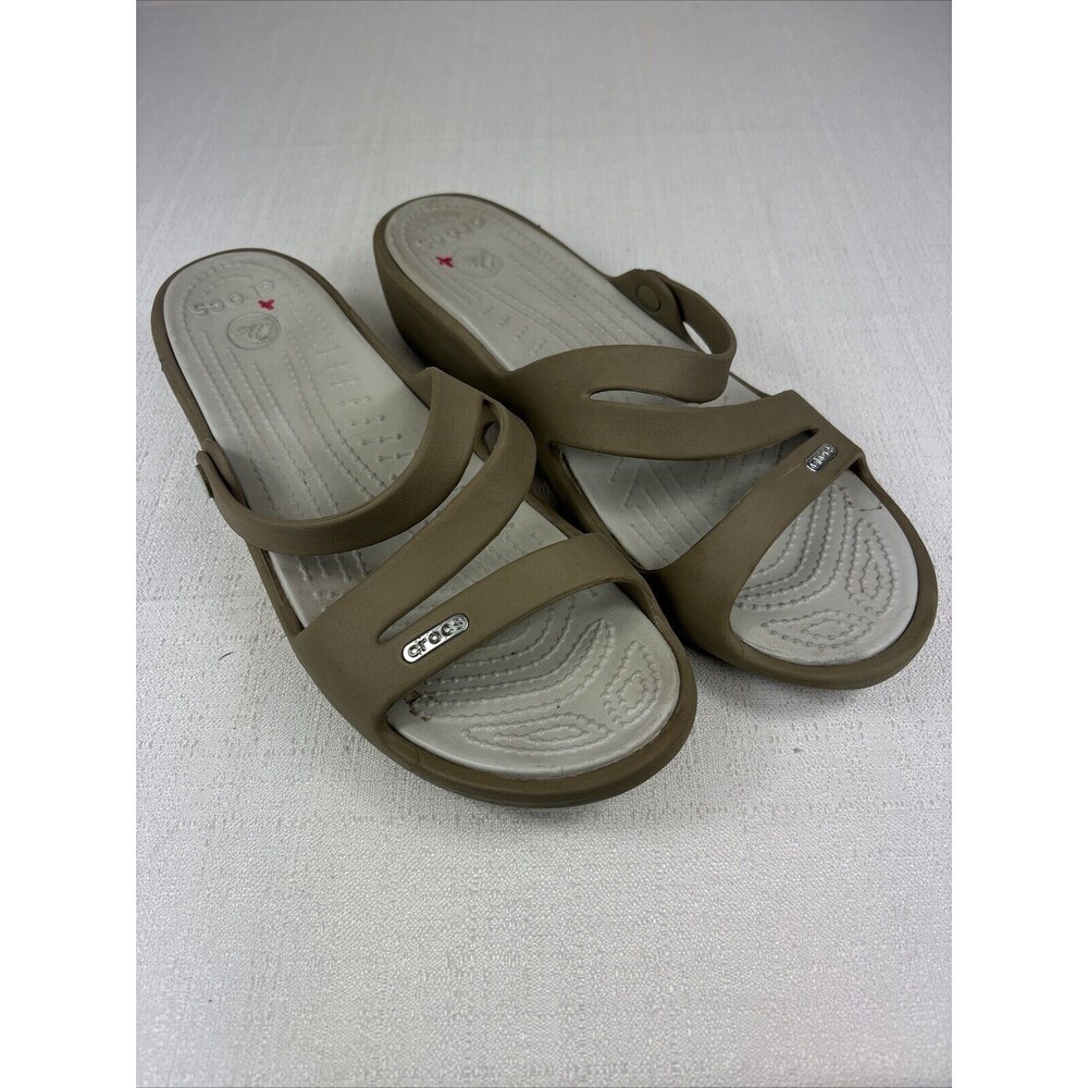 Crocs Patricia Wedge‎ Women's 10 Tan Strap Sandals Slides, Preowned